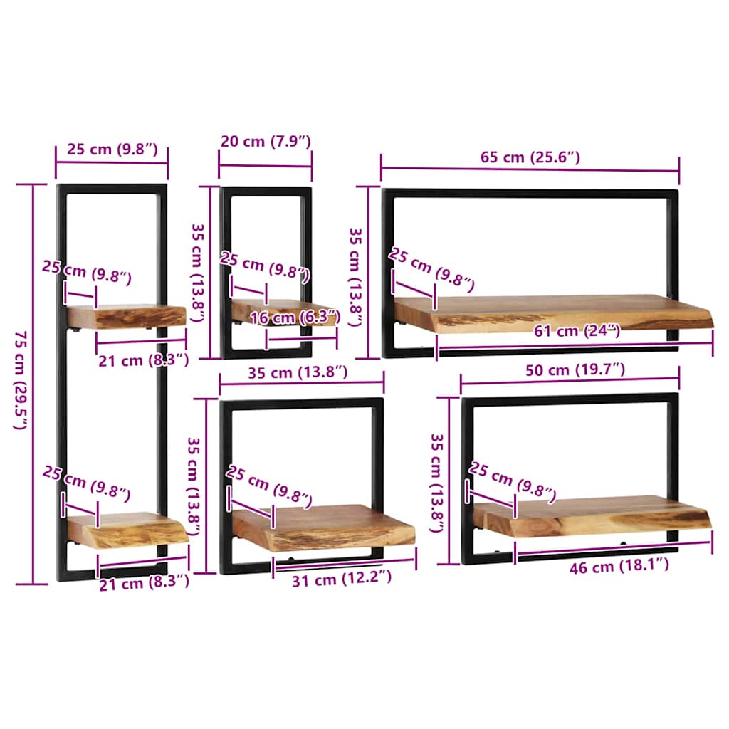 Wandregal-Set, 5-teilig, massives Akazienholz